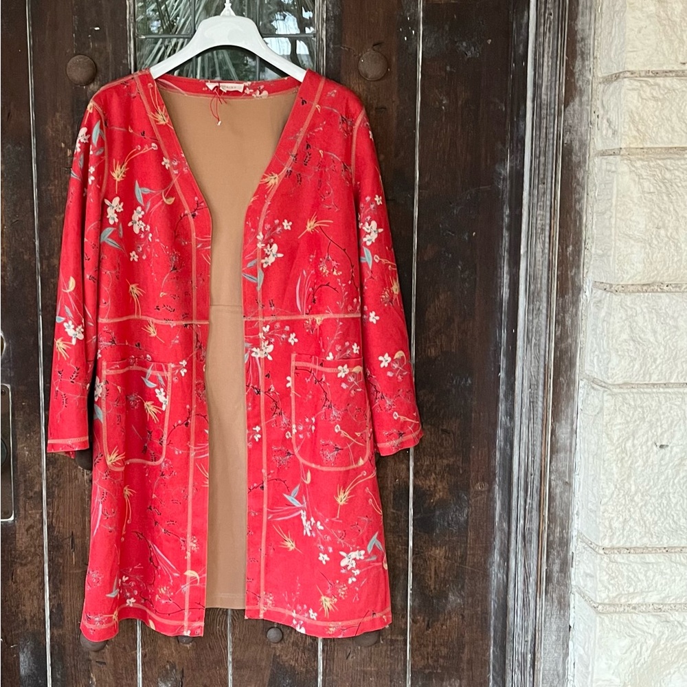 Solitaire | Floral Faux Suede Brick Red Open-Front Cardigan